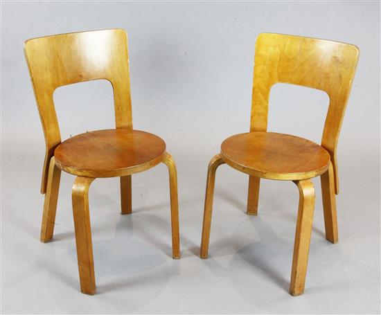 A pair of Finmar Ltd bentwood dining chairs, model 66, designed by Alvar Aalto, H.2ft 7in.